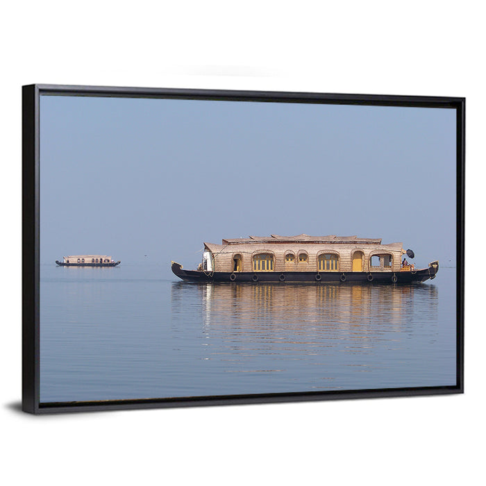 Thatched Houseboat on Vembanad Lake Wall Art as a framed canvas