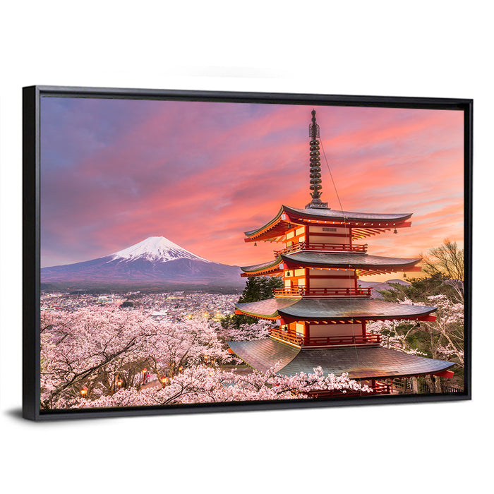 Chureito Pagoda and Mount Fuji at Sunset Wall Art as a framed canvas