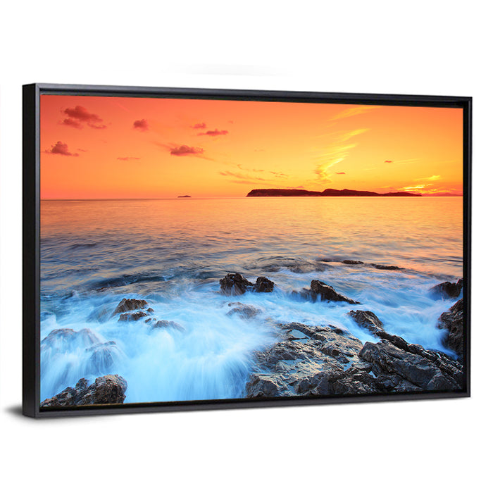 Dubrovnik Sunset Over Rocky Shore Wall Art as a framed canvas