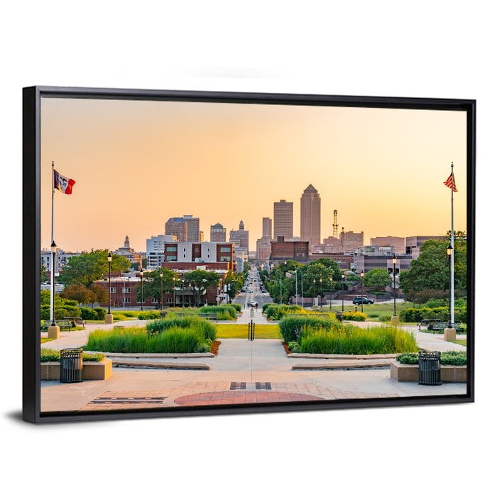 Des Moines Golden Hour Skyline Wall Art as a framed canvas