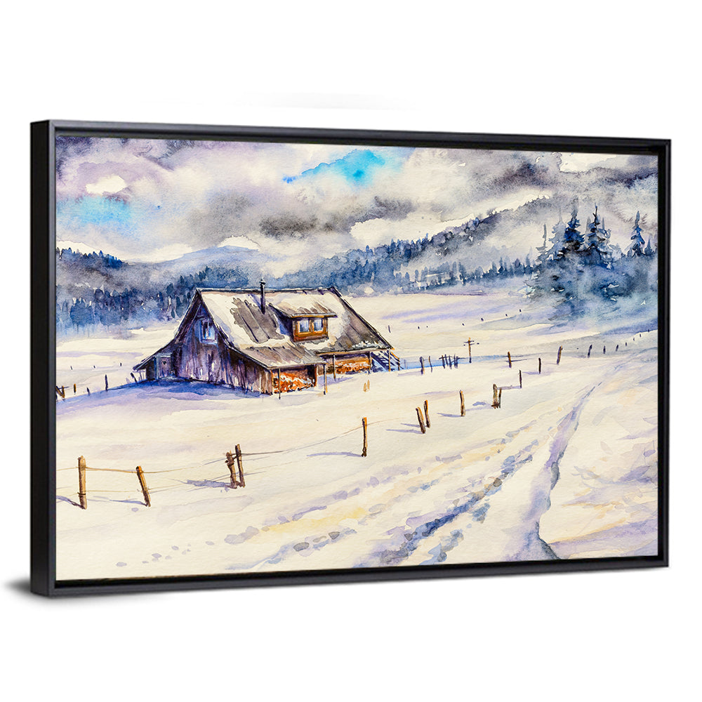 Snowy Mountain Cabin Landscape Wall Art