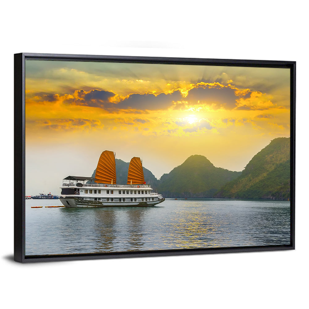 Ha Long Bay Sunset with Orange Sails Wall Art
