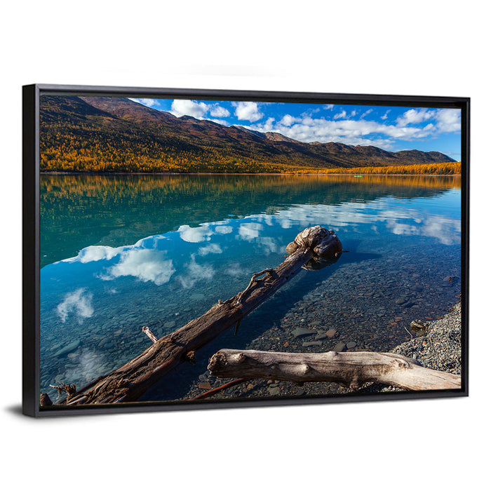 Autumn Driftwood at Eklutna Lake Wall Art as a framed canvas