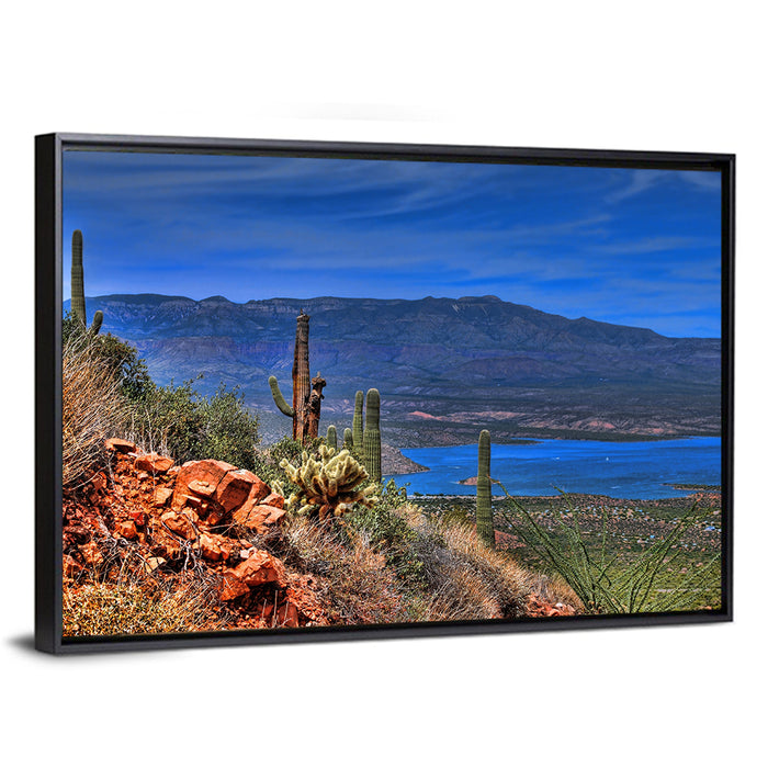 Roosevelt Lake Saguaro Vista Wall Art as a framed canvas