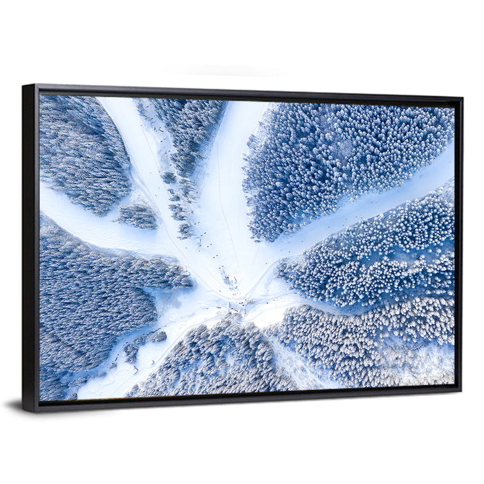 Birds-eye Ski Resort Landscape Wall Art as a framed canvas