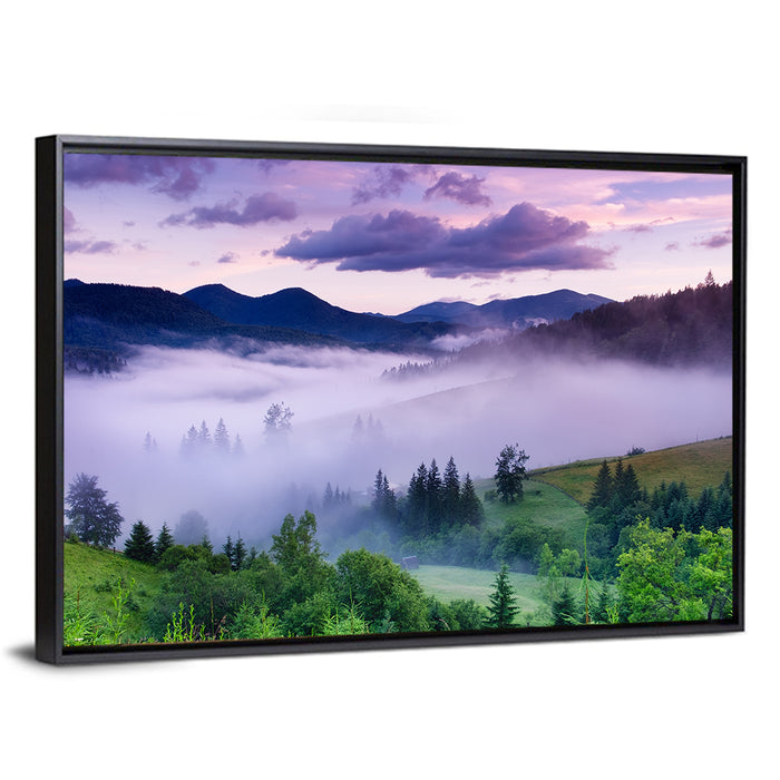 Misty Mountain Valley at Twilight Wall Art as a framed canvas