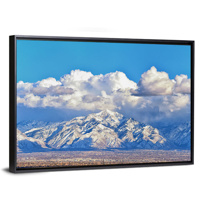 Wasatch Snow Capped Peaks Wall Art as a framed canvas