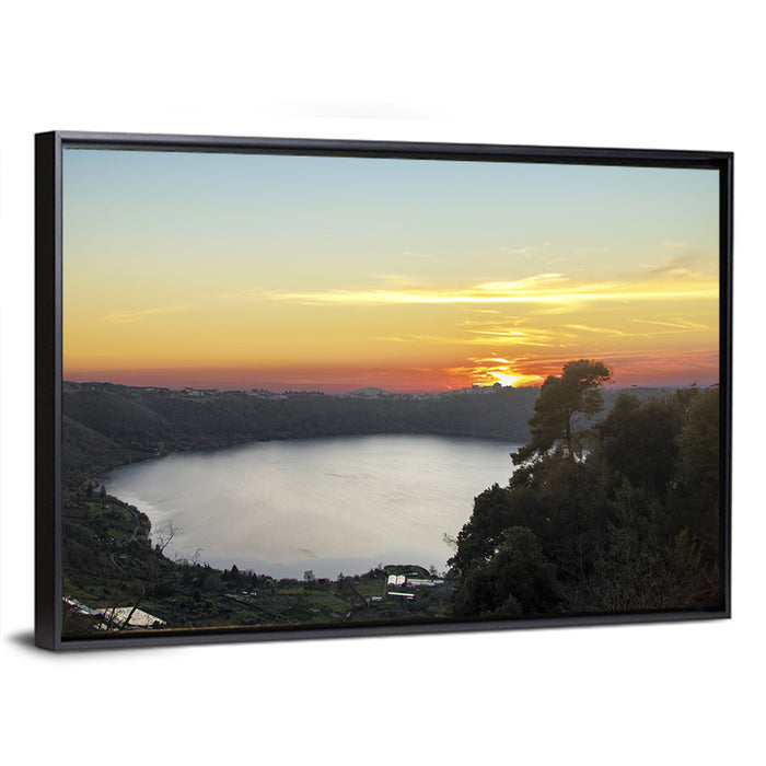 Lake Nemi Golden Sunset Wall Art as a framed canvas