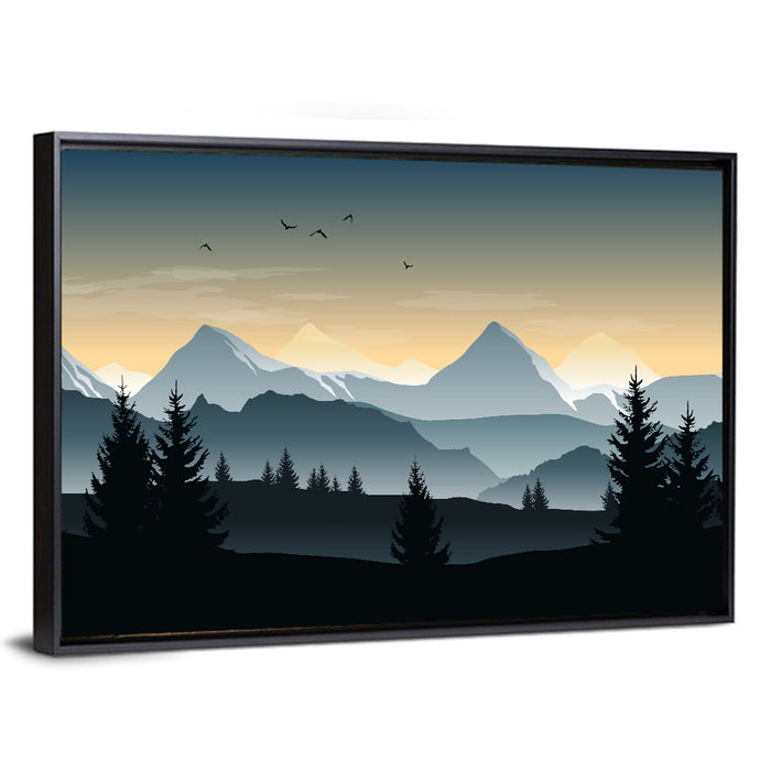 Misty Hills Sunset Silhouette Wall Art as a framed canvas