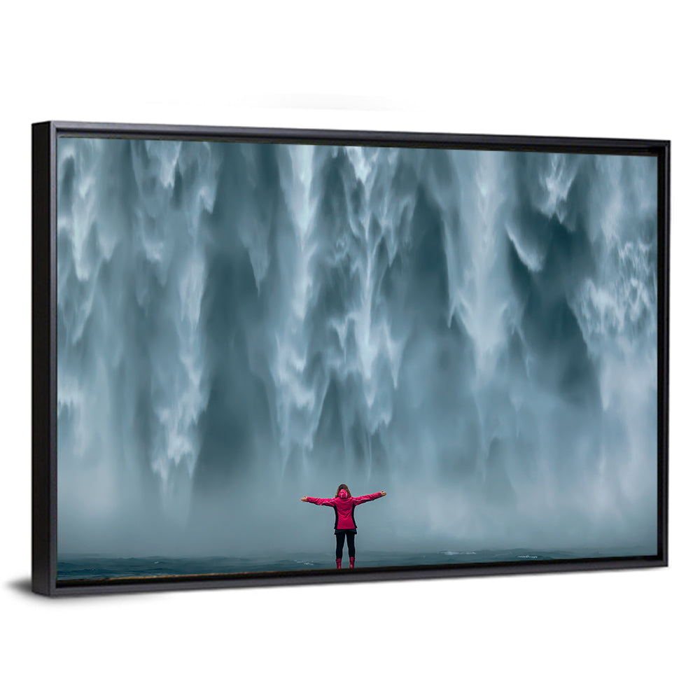Skogafoss Waterfall with Figure in Pink Wall Art