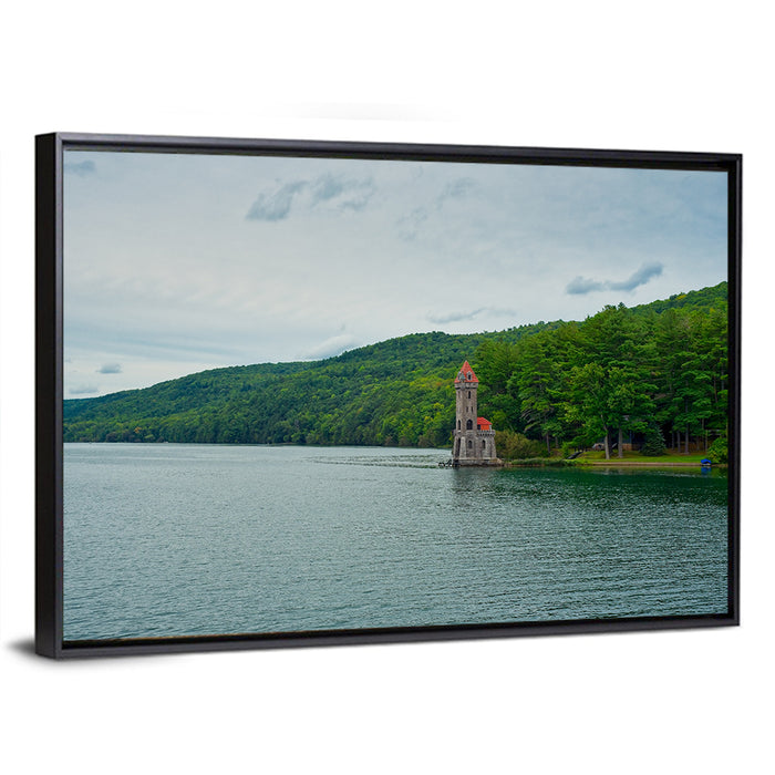 Otsego Lake View with Stone Tower Wall Art as a framed canvas
