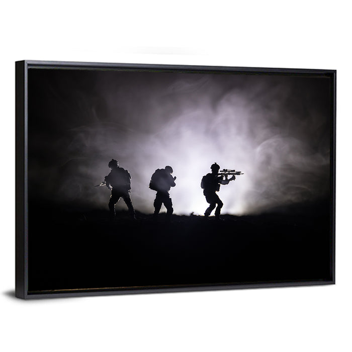 Three Soldiers Silhouette in Fog Wall Art as a framed canvas