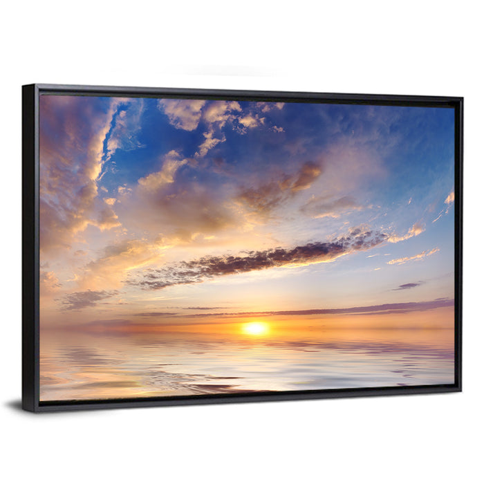 Sunlit Clouds Over Calm Sea Wall Art as a framed canvas