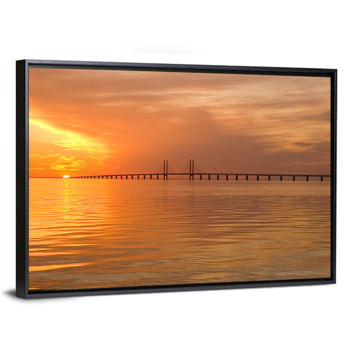 Øresund Bridge in Golden Light Wall Art as a framed canvas