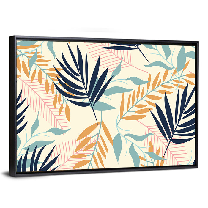 Cream and Navy Summer Leaves Pattern Wall Art as a framed canvas