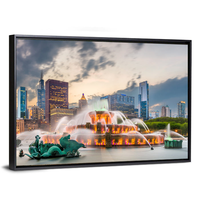 Buckingham Fountain and Chicago Skyline Wall Art as a framed canvas