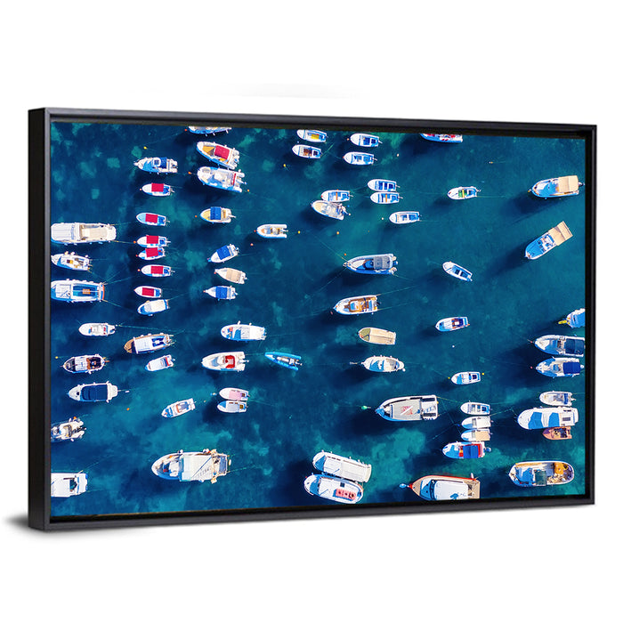 Aerial Boats Over Turquoise Sea Wall Art as a framed canvas