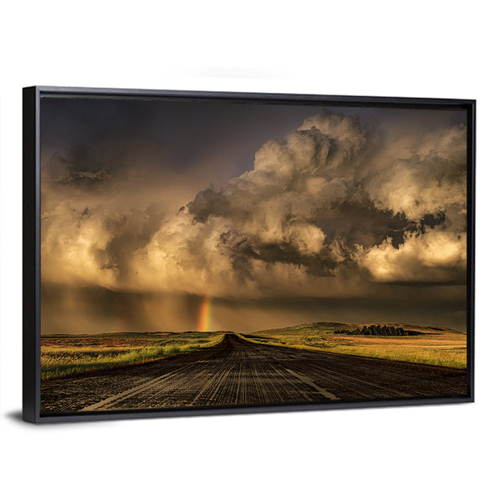 Rain-soaked Road to Rainbow Wall Art as a framed canvas