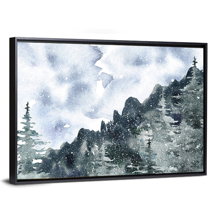 Snowfall Mountain Forest Illustration Wall Art as a framed canvas