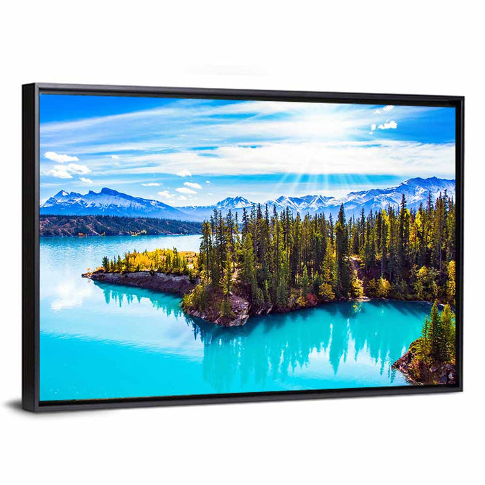 Abraham Lake Peninsula View Wall Art as a framed canvas