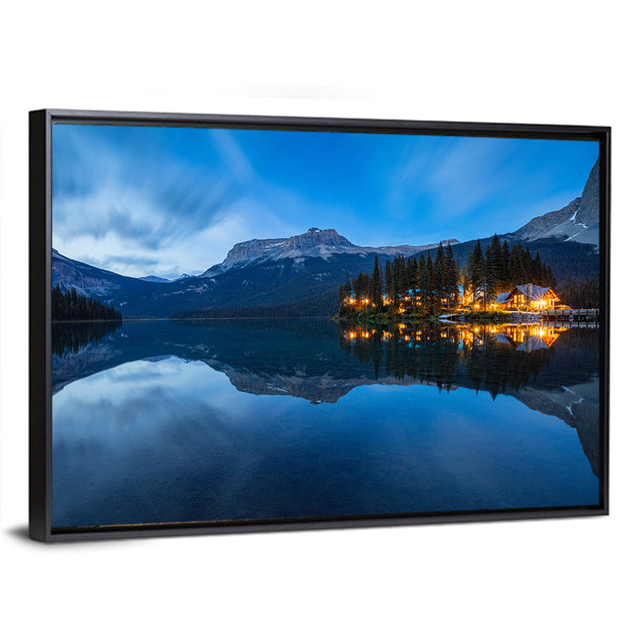 Emerald Lake Twilight Wall Art as a framed canvas