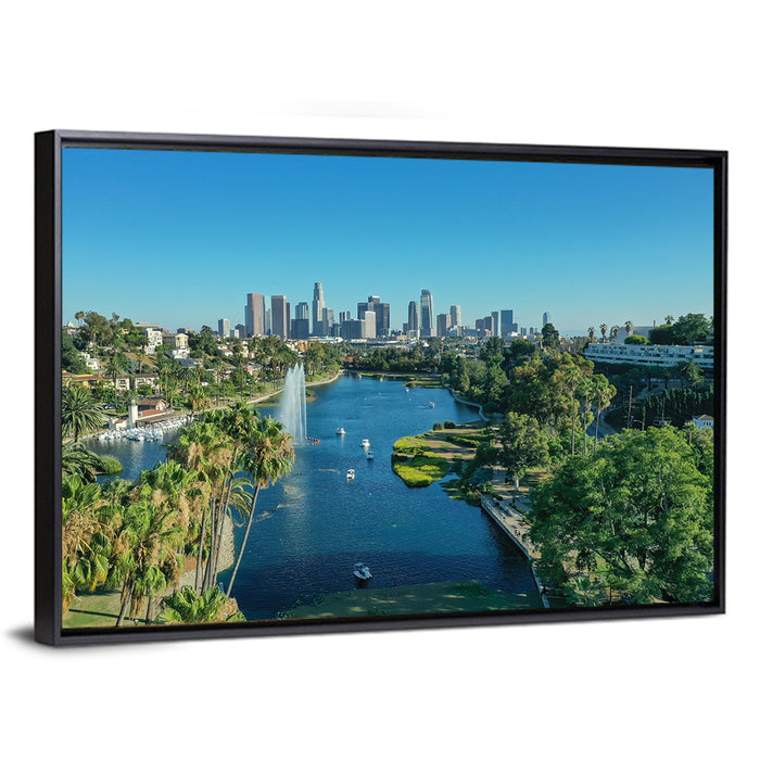 Echo Park Fountain and Downtown Skyline Wall Art as a framed canvas