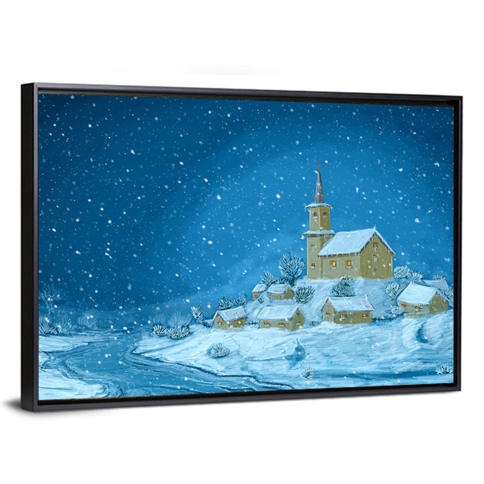 Snowy Village Church at Night Wall Art as a framed canvas