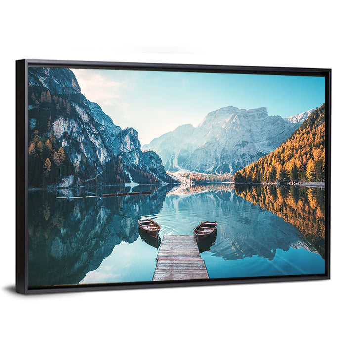 Lago Di Braies Dock and Dolomites Wall Art as a framed canvas