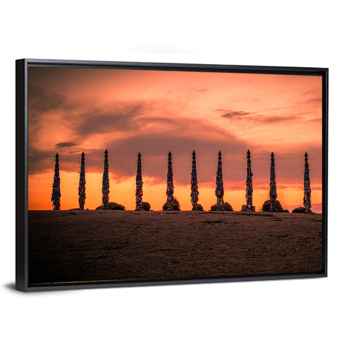 Shaman Pillars at Dusk Wall Art as a framed canvas