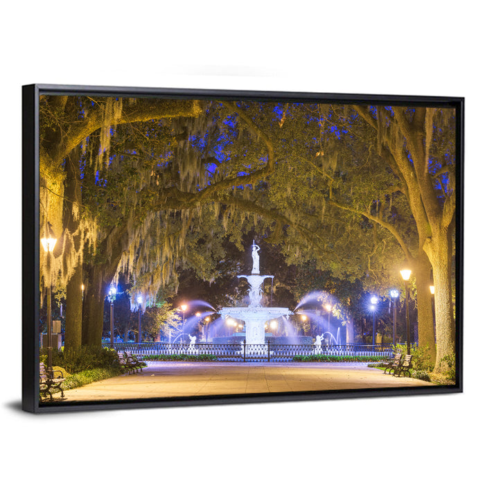 Forsyth Park Fountain at Night Wall Art as a framed canvas