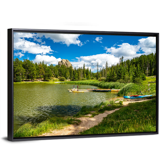 Sylvan Lake Dockside Scene Wall Art as a framed canvas