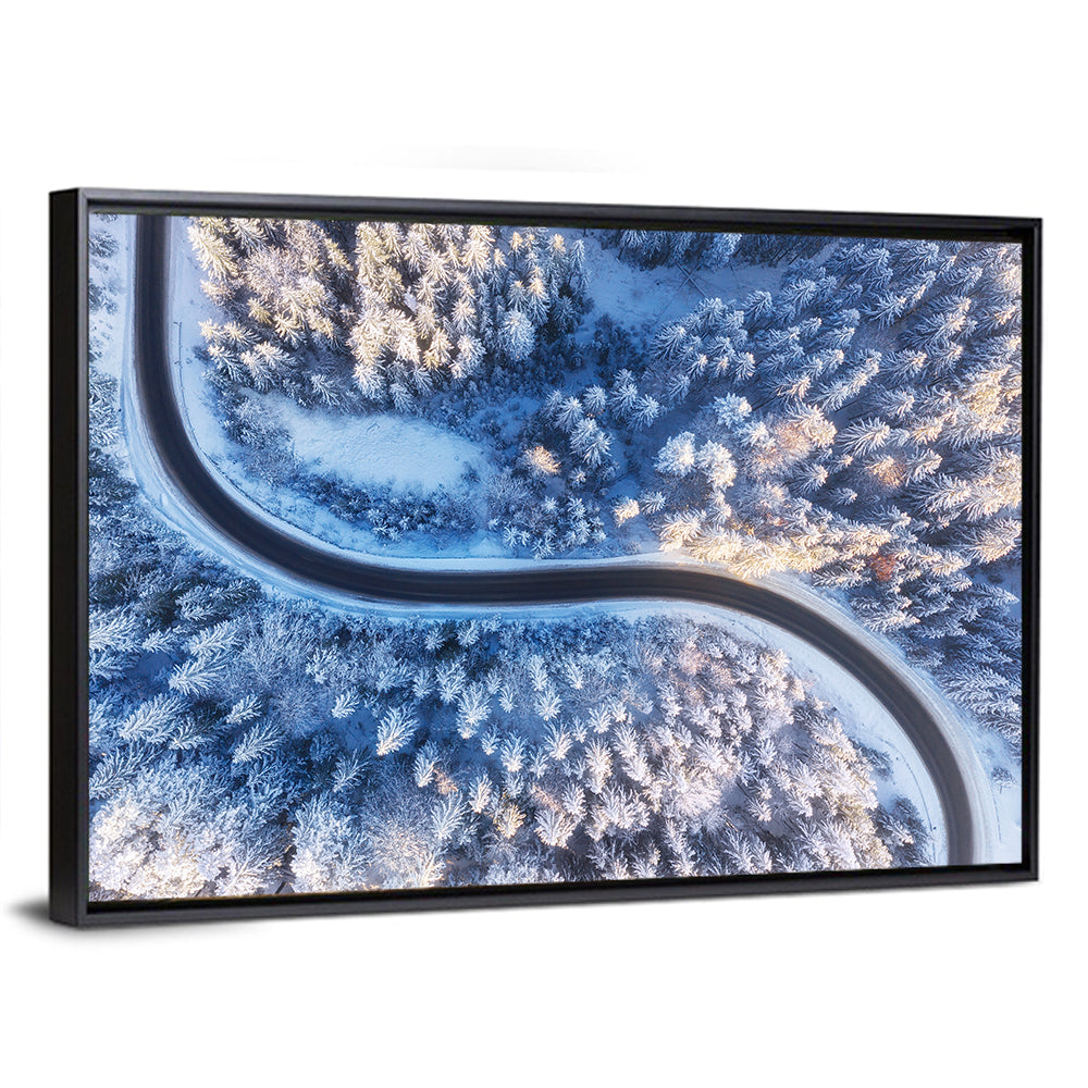 Snowy Forest Road at Golden Hour Wall Art