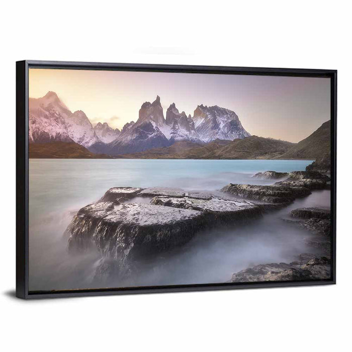 Cuernos Peaks Over Pehoe Lake Wall Art as a framed canvas