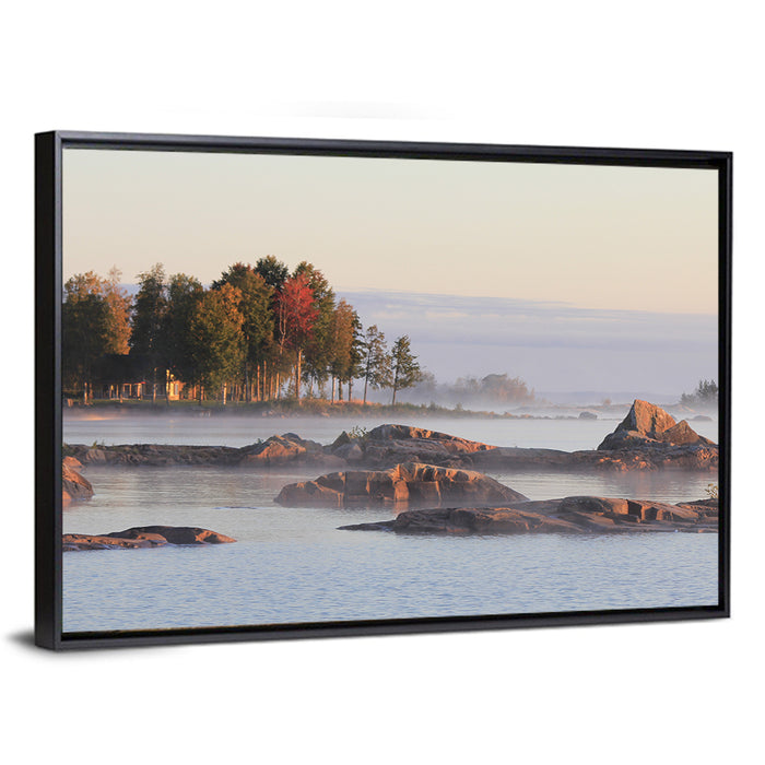Lake Vanern Misty Shoreline Wall Art as a framed canvas
