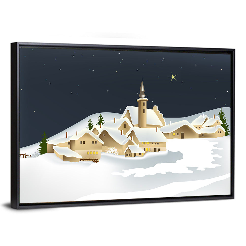 Winter Village Night Illustration Wall Art