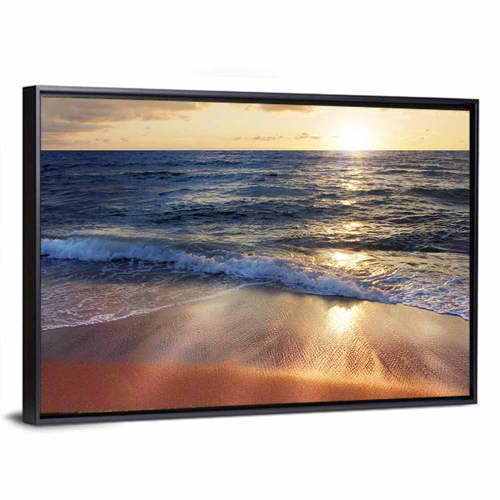 Sunset Surf on Wet Sand Wall Art as a framed canvas