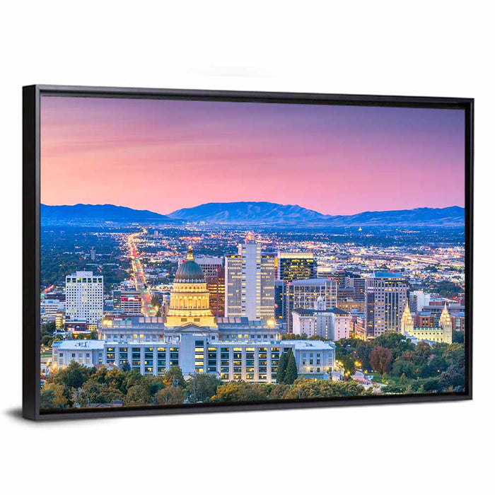 Salt Lake City Dusk Skyline Wall Art as a framed canvas