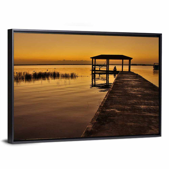 Bacalar Lagoon Pier at Dusk Wall Art as a framed canvas