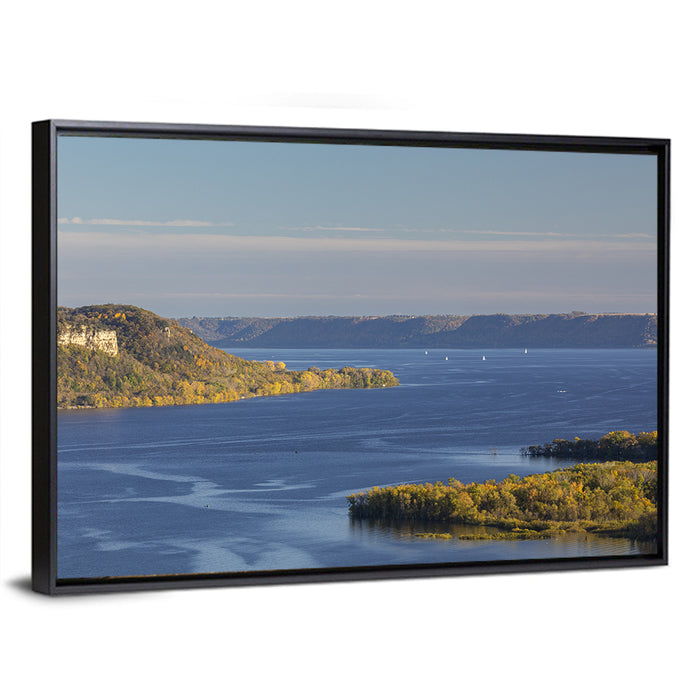 Mississippi River Autumn Panorama Wall Art as a framed canvas