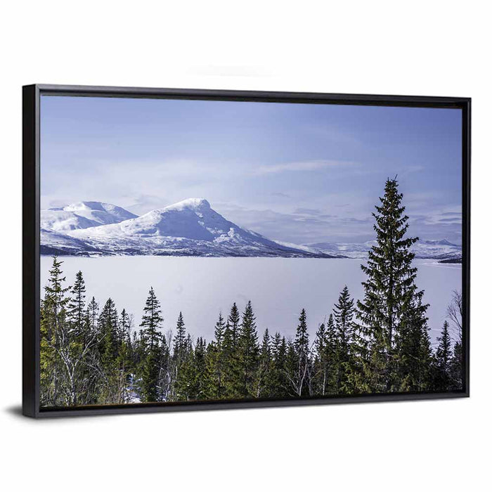 Scandinavian Mountain Range with Frozen Lake Wall Art as a framed canvas