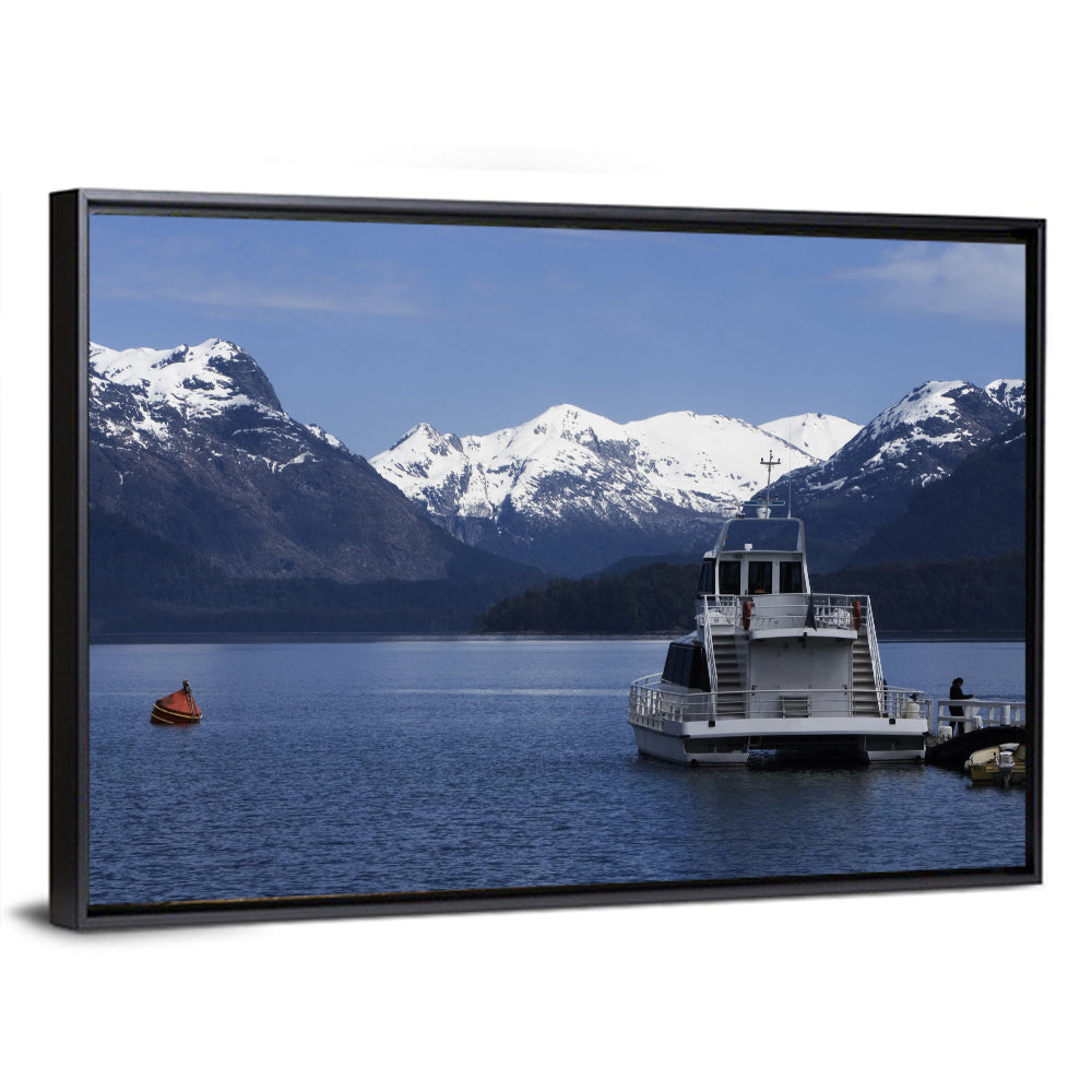 Lake Nahuel Huapi Catamaran and Snow-capped Mountains Wall Art, framed canvas, landscape