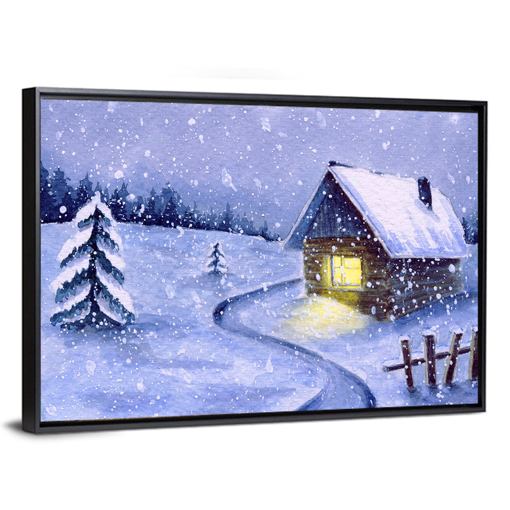 Snowy Log Cabin Night Wall Art