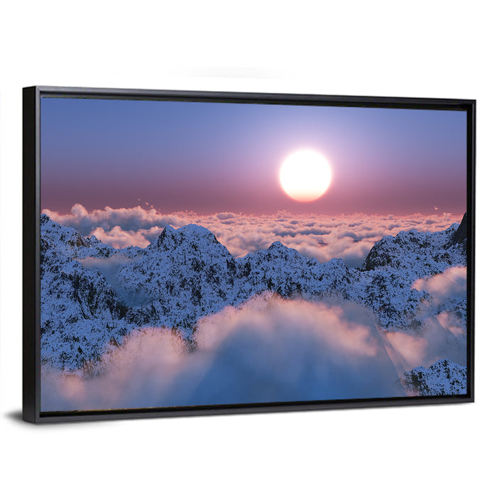 Sunset Above Snowy Mountains Wall Art as a framed canvas