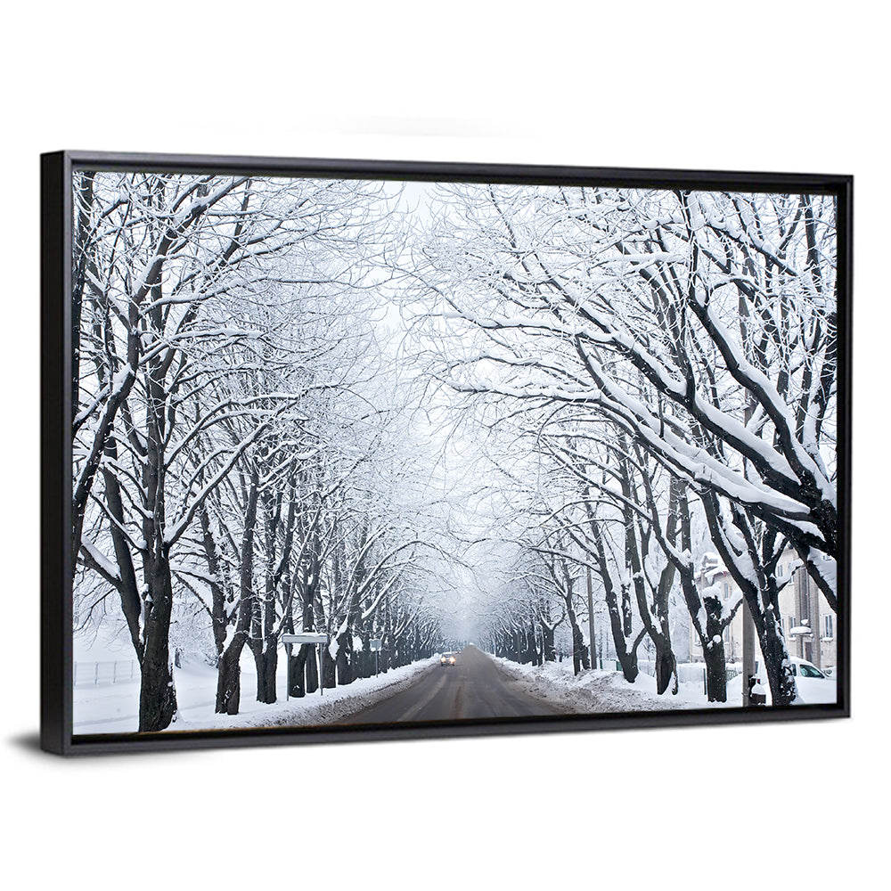 Snowy Road with Distant Headlights Wall Art