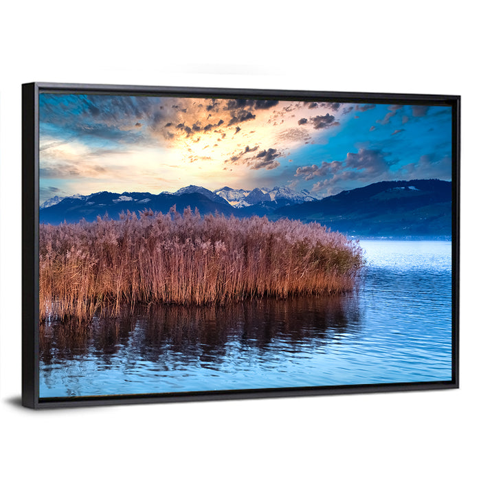 Lake Obersee Reeds at Dusk Wall Art as a framed canvas