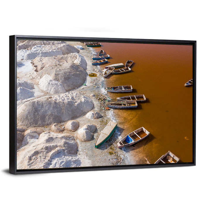 Lac Rose Boats and Salt Mounds Wall Art as a framed canvas