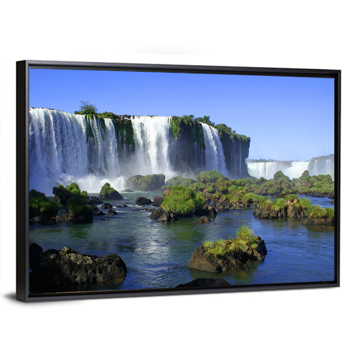 Iguazu Falls Mossy Rocks Wall Art as a framed canvas