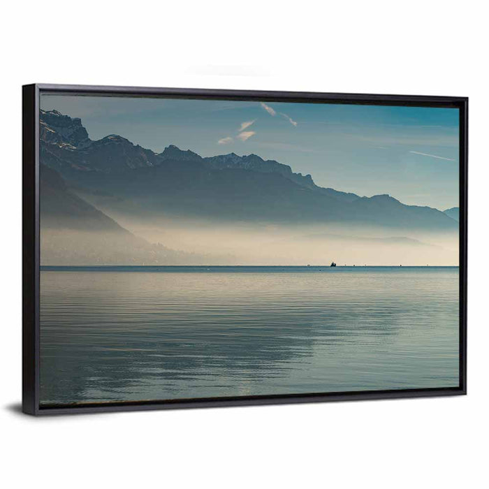Lake Annecy Misty Mountains Wall Art as a framed canvas