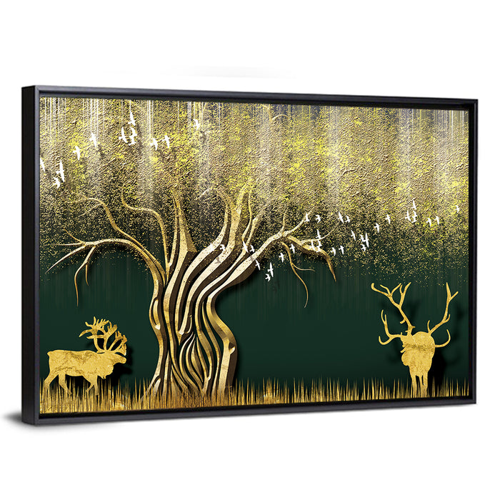 Golden Deer and Tree Illustration Wall Art as a framed canvas
