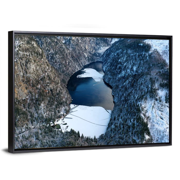 Toplitz Lake Winter Aerial Wall Art as a framed canvas